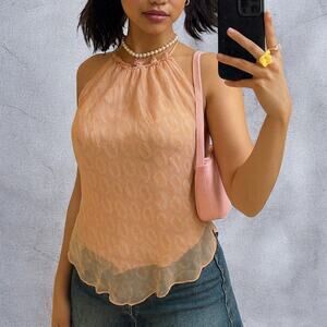 Vintage Y2K Laundry by Shelli Segal 100% Silk Blush Pink Sheer Halter Top Size L